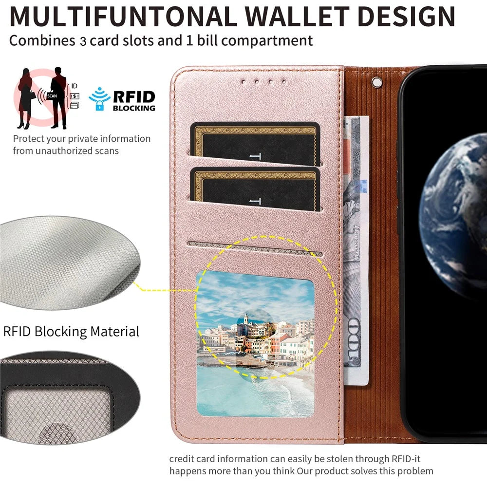 For Samsung Galaxy A54 5G Case RFID Blocking PU Leather Wallet Flip Phone Cover with Wrist Strap - Rose Gold - 4