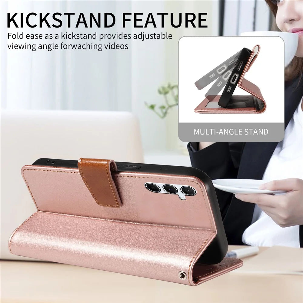 For Samsung Galaxy A54 5G Case RFID Blocking PU Leather Wallet Flip Phone Cover with Wrist Strap - Rose Gold - 5