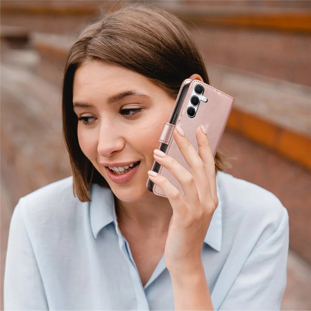 For Samsung Galaxy A54 5G Case RFID Blocking PU Leather Wallet Flip Phone Cover with Wrist Strap - Rose Gold - 6