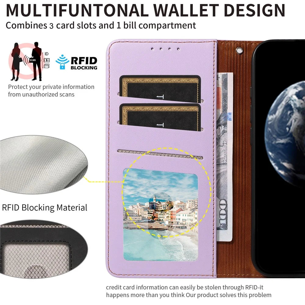 For Samsung Galaxy A35 5G Case RFID Blocking PU Leather Wallet Flip Phone Cover with Wrist Strap - Lavender Purple - 4