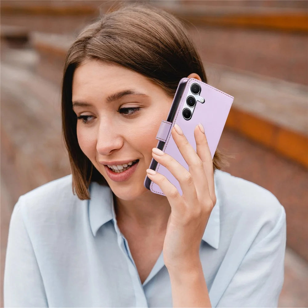 For Samsung Galaxy A35 5G Case RFID Blocking PU Leather Wallet Flip Phone Cover with Wrist Strap - Lavender Purple - 6