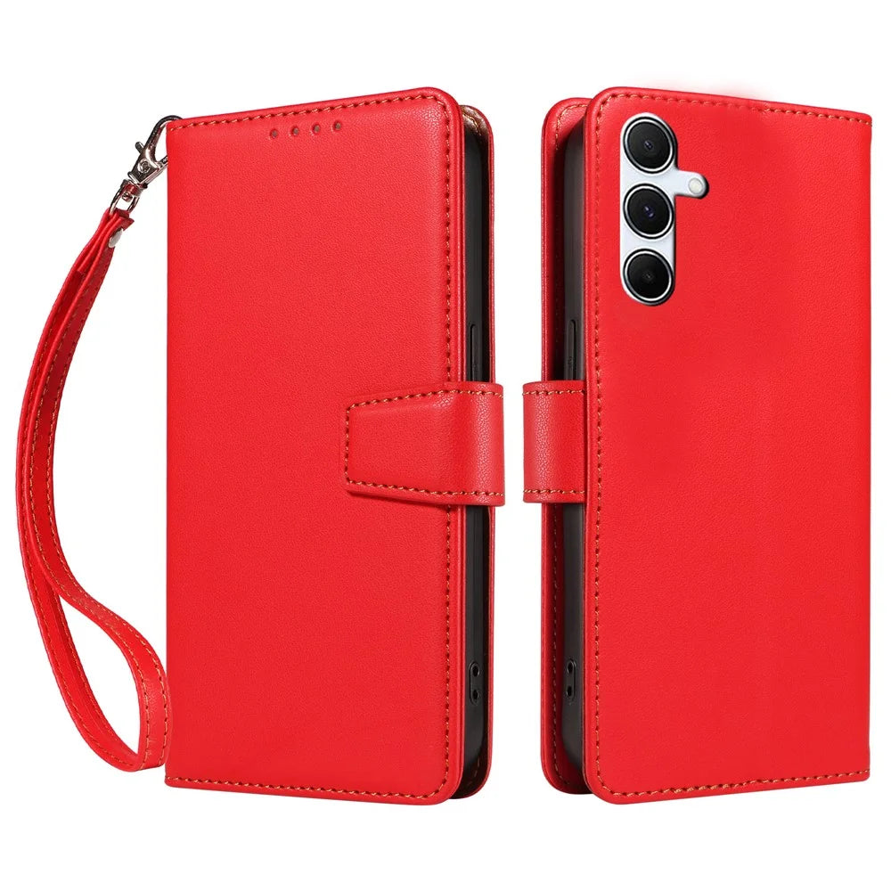For Samsung Galaxy A25 5G (Global) (161.0 x 76.5 x 8.3mm) Case RFID Blocking PU Leather Wallet Flip Phone Cover with Wrist Strap - Red - 1