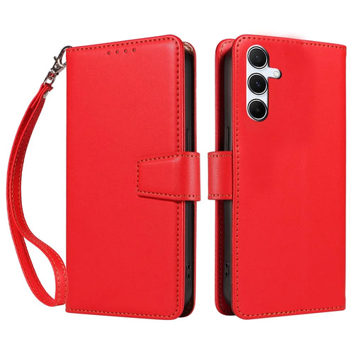 For Samsung Galaxy A25 5G (Global) (161.0 x 76.5 x 8.3mm) Case RFID Blocking PU Leather Wallet Flip Phone Cover with Wrist Strap - Red - 1