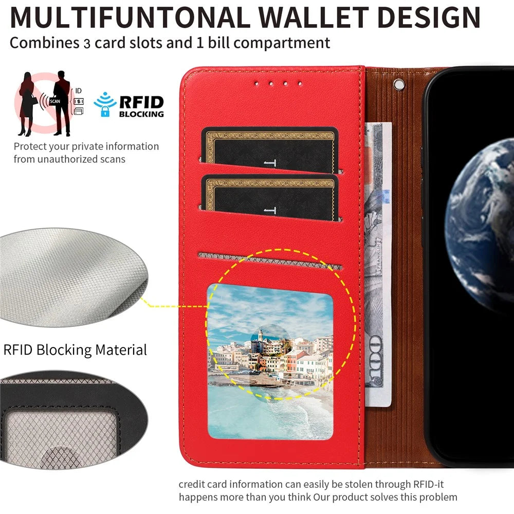For Samsung Galaxy A25 5G (Global) (161.0 x 76.5 x 8.3mm) Case RFID Blocking PU Leather Wallet Flip Phone Cover with Wrist Strap - Red - 4