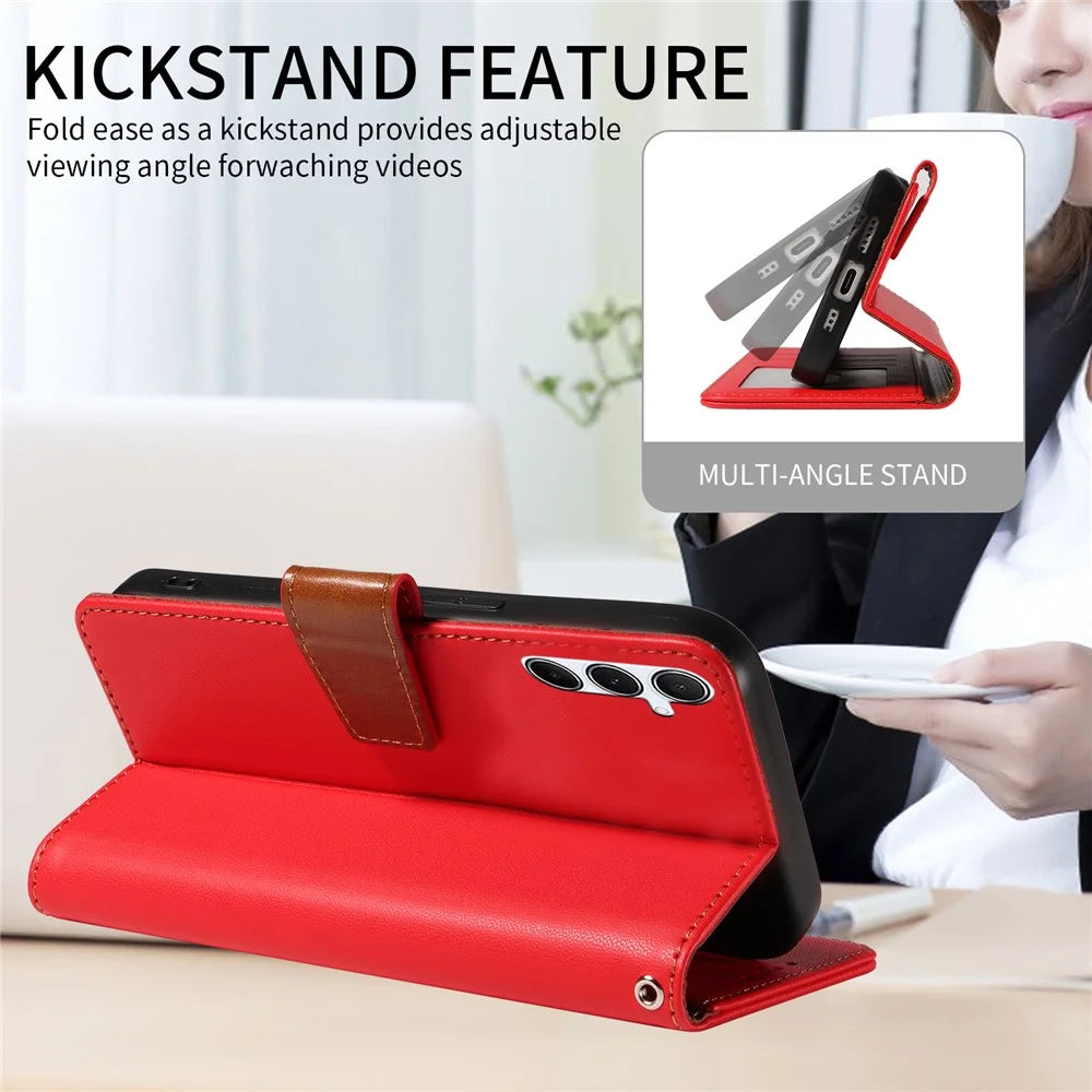 For Samsung Galaxy A25 5G (Global) (161.0 x 76.5 x 8.3mm) Case RFID Blocking PU Leather Wallet Flip Phone Cover with Wrist Strap - Red - 5