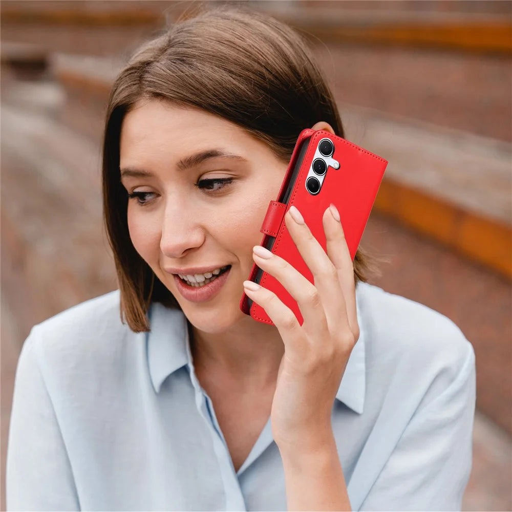 For Samsung Galaxy A25 5G (Global) (161.0 x 76.5 x 8.3mm) Case RFID Blocking PU Leather Wallet Flip Phone Cover with Wrist Strap - Red - 6