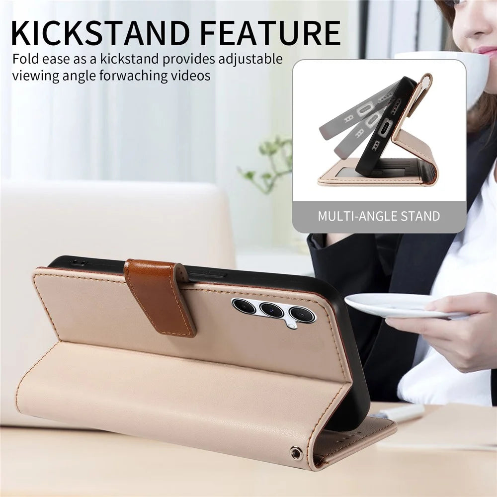For Samsung Galaxy A55 5G Case RFID Blocking PU Leather Wallet Flip Phone Cover with Wrist Strap - Apricot - 5