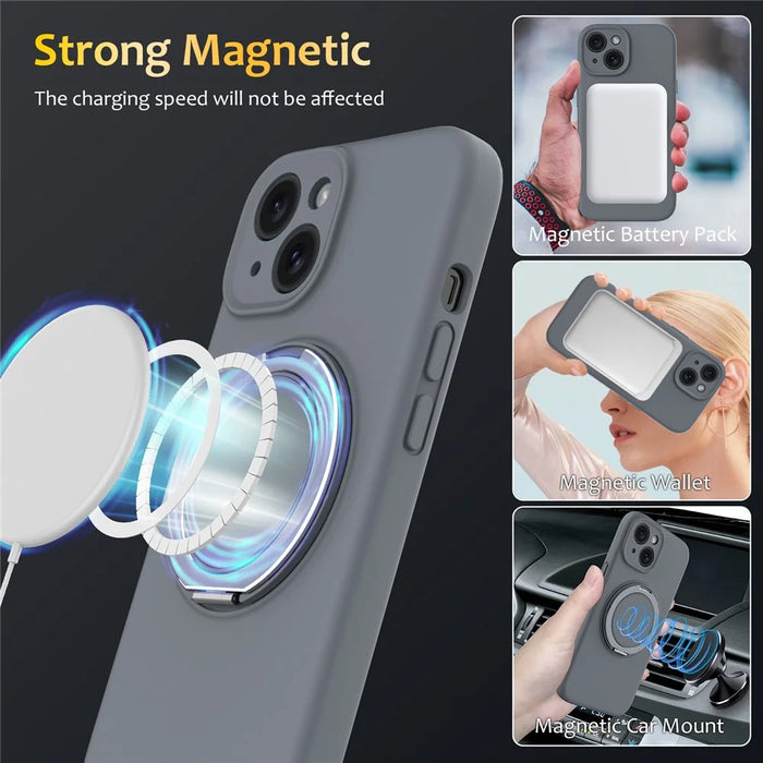 For iPhone 13 Case Compatible with MagSafe Metal Kickstand PC + Silicone Phone Cover - Grey - 3