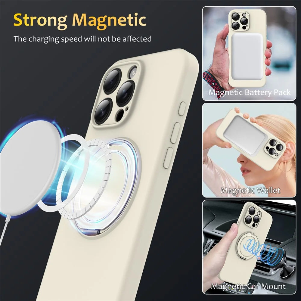 For iPhone 14 Pro Max Case Compatible with MagSafe Rotating Metal Kickstand PC + Silicone Phone Cover - Beige - 4