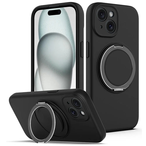 For iPhone 14 Case Compatible with MagSafe Rotating Metal Kickstand PC + Silicone Phone Cover - Black - 1