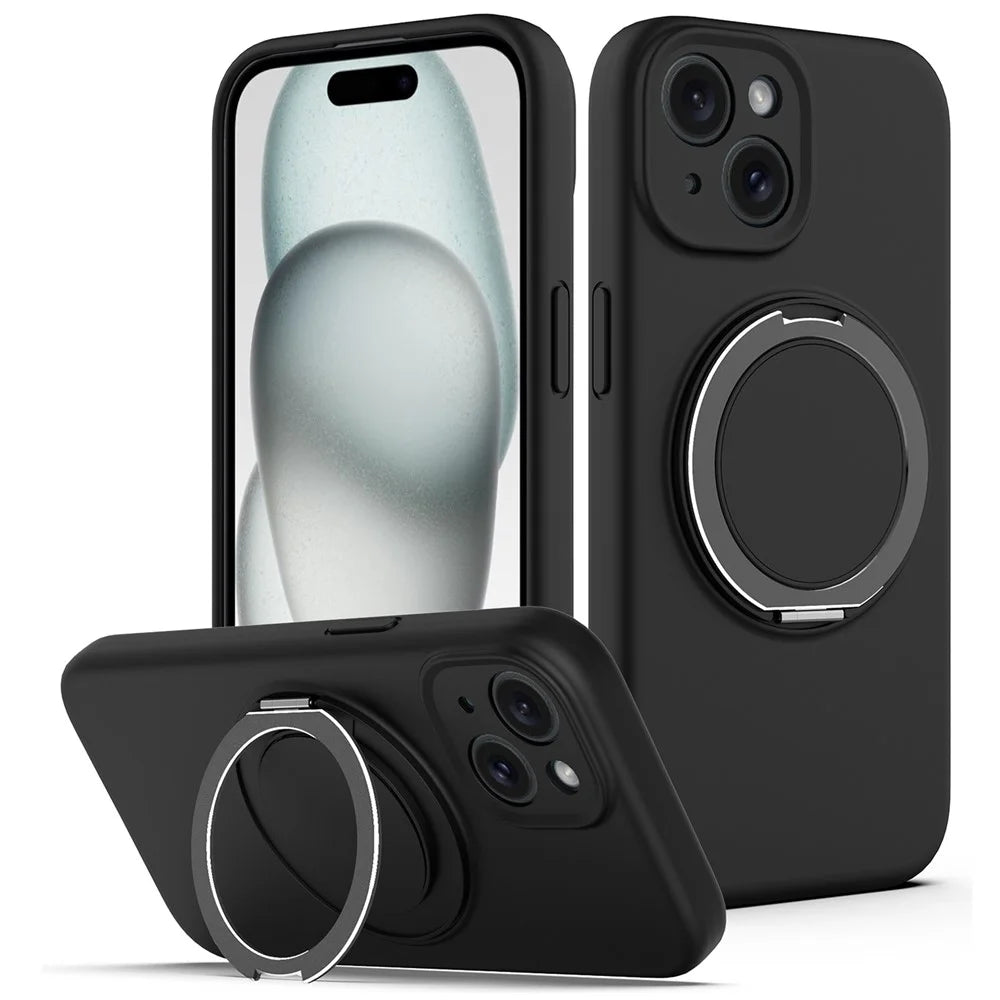 For iPhone 14 Case Compatible with MagSafe Rotating Metal Kickstand PC + Silicone Phone Cover - Black - 1