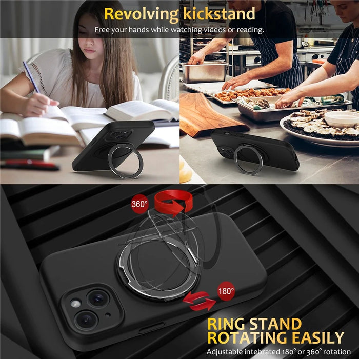 For iPhone 14 Case Compatible with MagSafe Rotating Metal Kickstand PC + Silicone Phone Cover - Black - 6