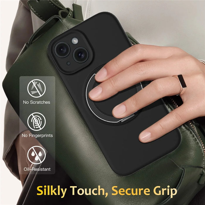 For iPhone 14 Case Compatible with MagSafe Rotating Metal Kickstand PC + Silicone Phone Cover - Black - 7