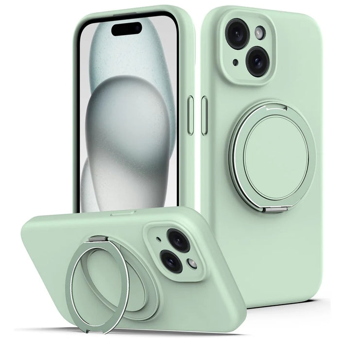 For iPhone 15 Case Compatible with MagSafe Rotating Metal Kickstand PC + Silicone Phone Cover - Light Green - 1