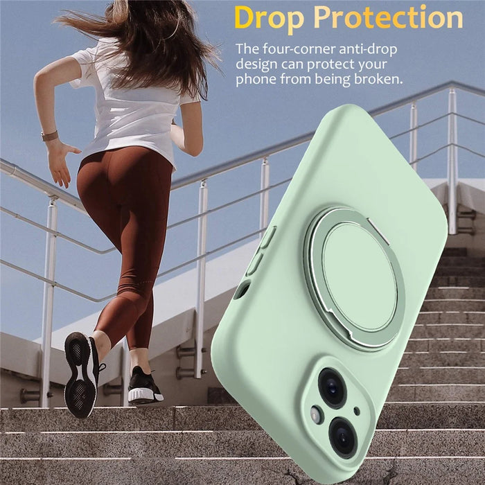 For iPhone 15 Case Compatible with MagSafe Rotating Metal Kickstand PC + Silicone Phone Cover - Light Green - 3