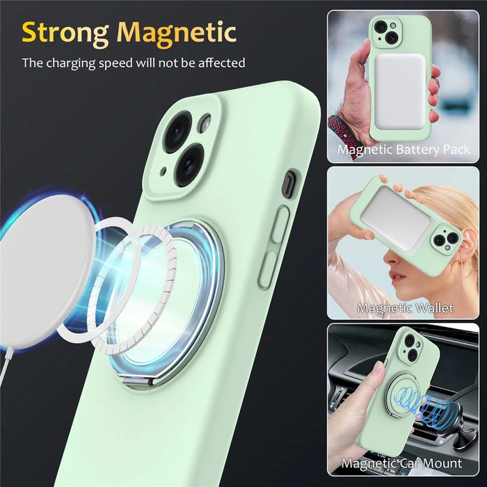 For iPhone 15 Case Compatible with MagSafe Rotating Metal Kickstand PC + Silicone Phone Cover - Light Green - 4