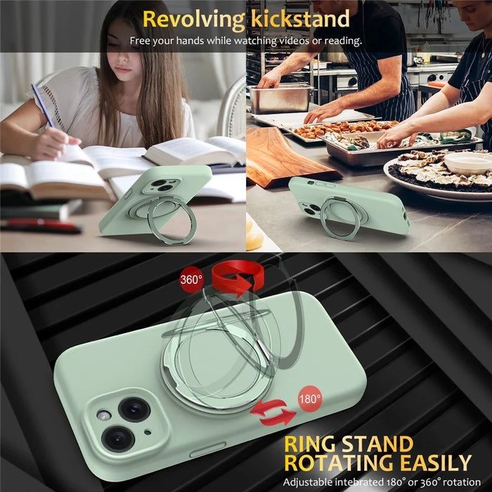 For iPhone 15 Case Compatible with MagSafe Rotating Metal Kickstand PC + Silicone Phone Cover - Light Green - 6