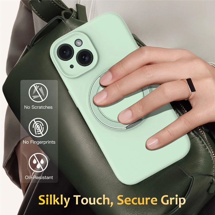 For iPhone 15 Case Compatible with MagSafe Rotating Metal Kickstand PC + Silicone Phone Cover - Light Green - 7