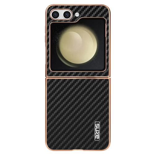 AZNS For Samsung Galaxy Z Flip7 FE 5G / Z Flip6 5G Case Electroplating Carbon Fiber Texture PU+PC Phone Cover - Black - 1
