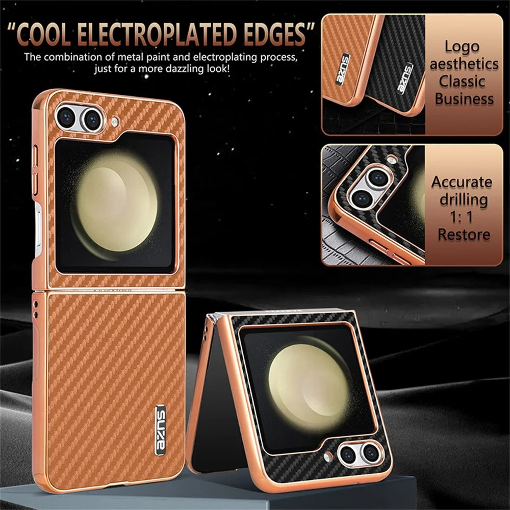 AZNS For Samsung Galaxy Z Flip7 FE 5G / Z Flip6 5G Case Electroplating Carbon Fiber Texture PU+PC Phone Cover - Black - 4