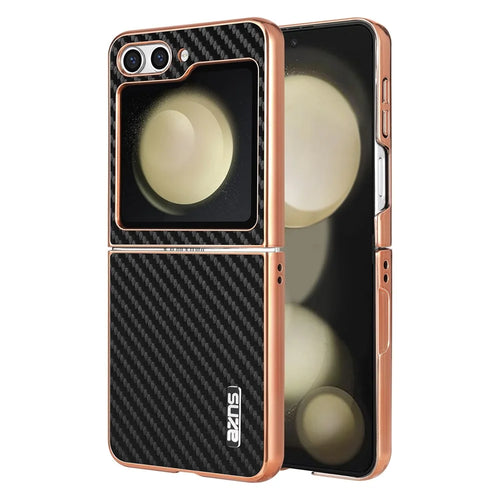 AZNS For Samsung Galaxy Z Flip5 5G Case Electroplating Carbon Fiber Texture PU+PC Phone Cover - Black - 1