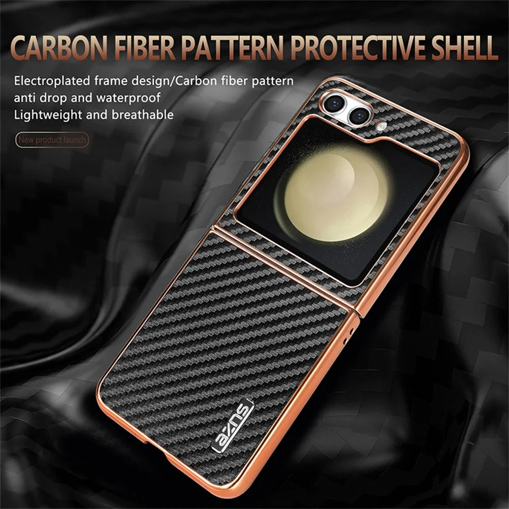 AZNS For Samsung Galaxy Z Flip5 5G Case Electroplating Carbon Fiber Texture PU+PC Phone Cover - Black - 3