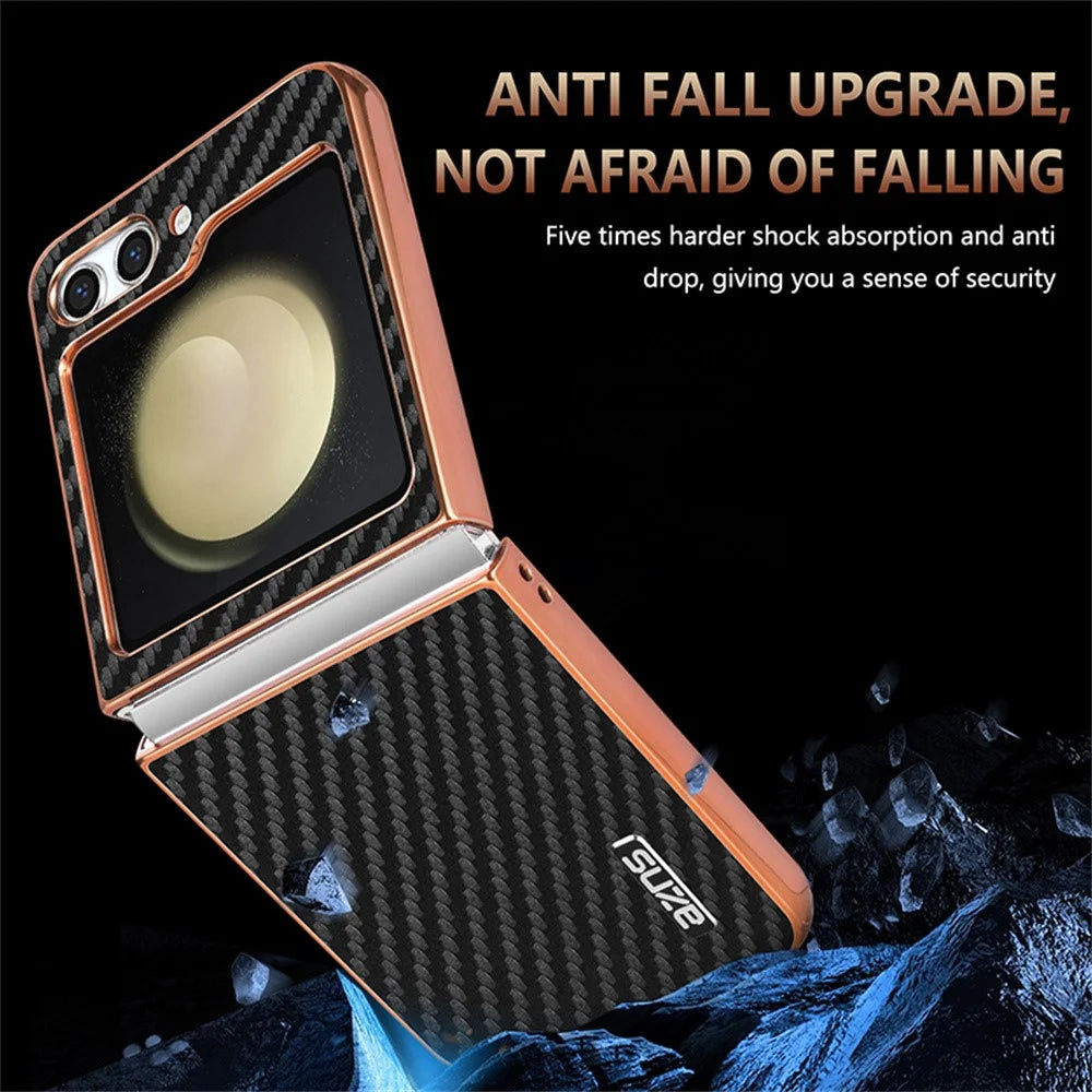 AZNS For Samsung Galaxy Z Flip5 5G Case Electroplating Carbon Fiber Texture PU+PC Phone Cover - Black - 5
