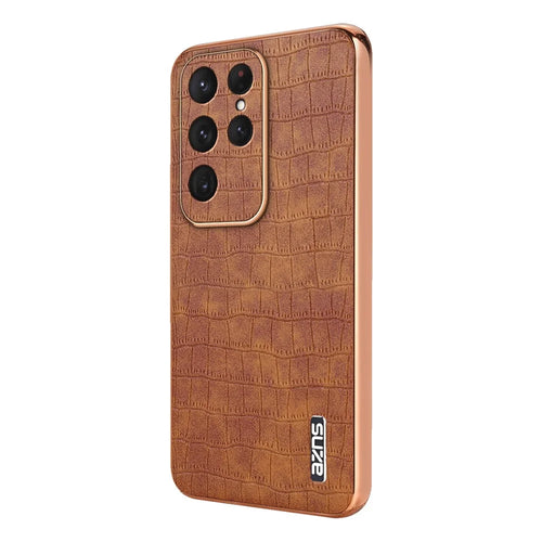 AZNS For Samsung Galaxy S25 Ultra Case Electroplating Crocodile Texture PU+TPU Phone Cover - Brown - 1