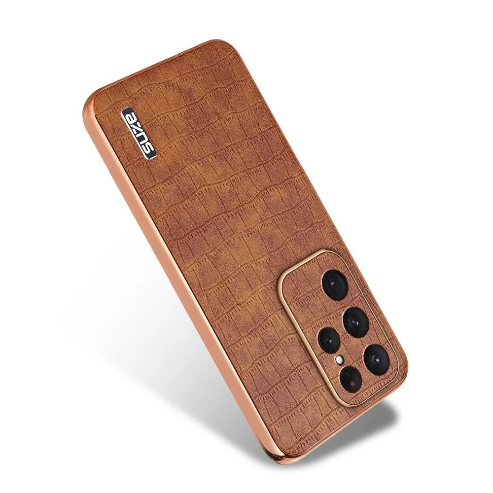 AZNS For Samsung Galaxy S25 Ultra Case Electroplating Crocodile Texture PU+TPU Phone Cover - Brown - 2