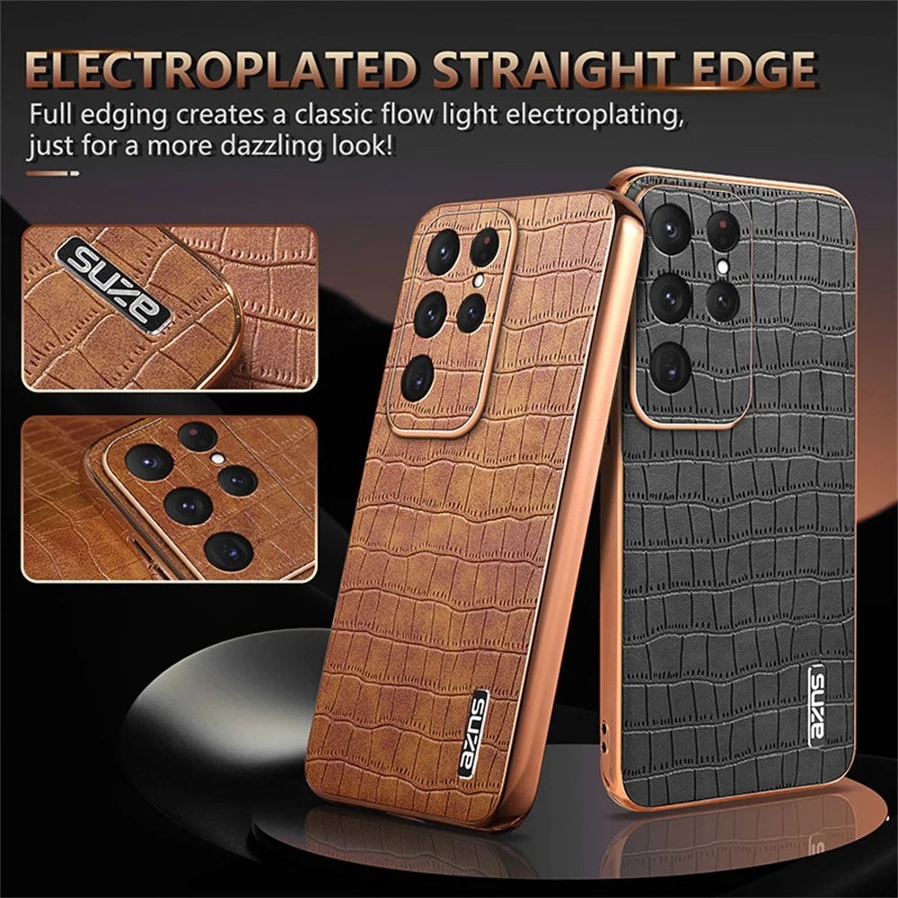 AZNS For Samsung Galaxy S25 Ultra Case Electroplating Crocodile Texture PU+TPU Phone Cover - Brown - 3