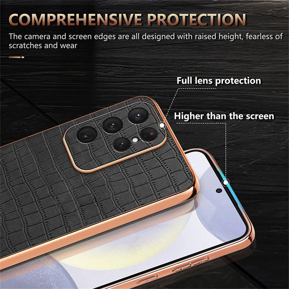 AZNS For Samsung Galaxy S25 Ultra Case Electroplating Crocodile Texture PU+TPU Phone Cover - Brown - 6