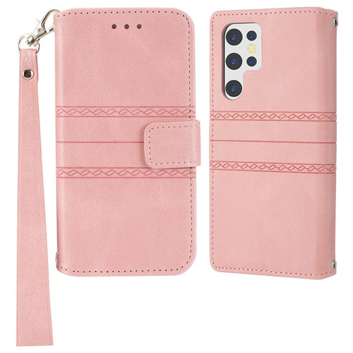 For Samsung Galaxy S25 Ultra Case Wallet Skin-Touch Leather Imprinted Phone Cover - Pink - 1