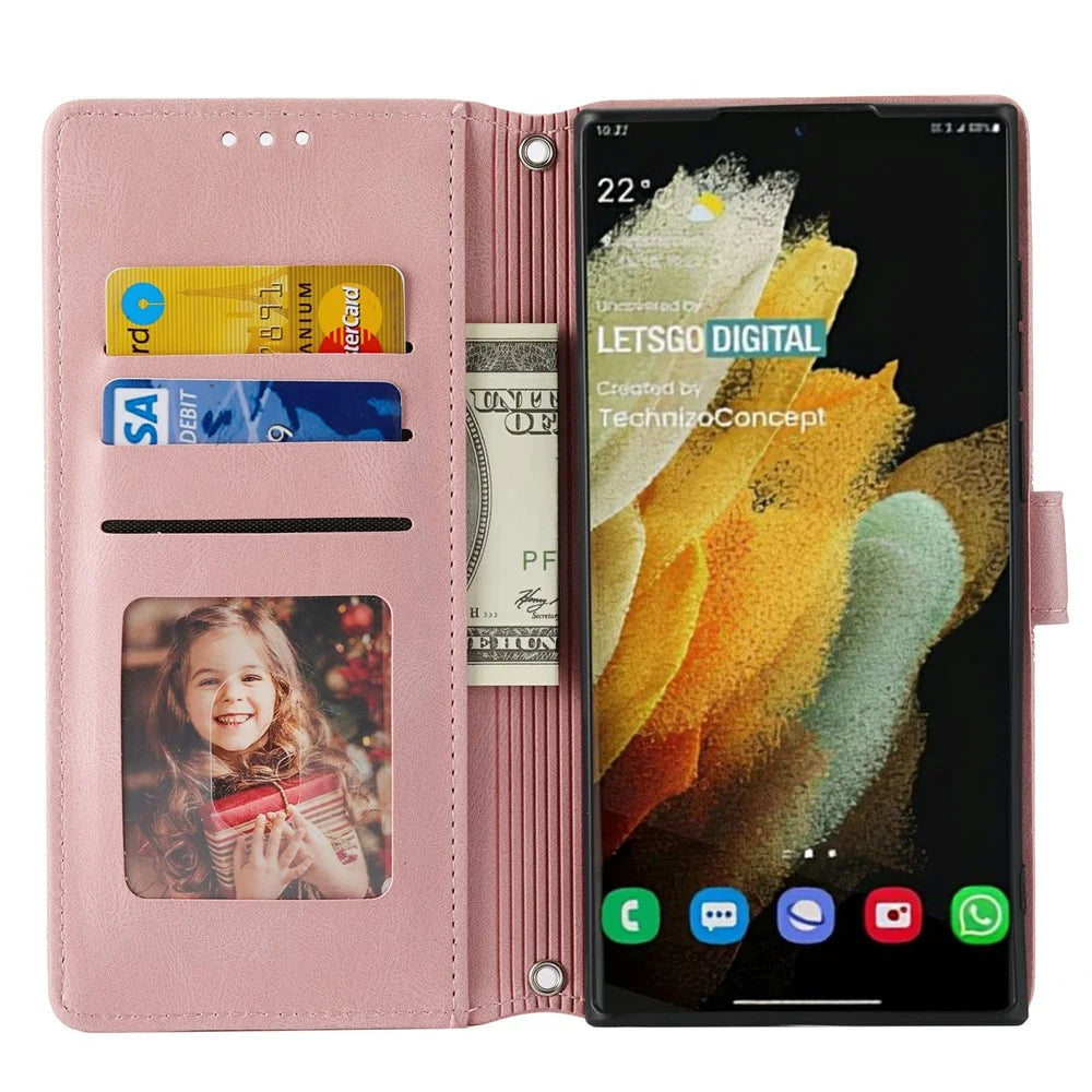 For Samsung Galaxy S25 Ultra Case Wallet Skin-Touch Leather Imprinted Phone Cover - Pink - 2
