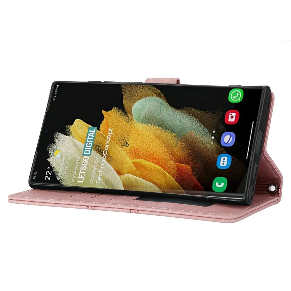 For Samsung Galaxy S25 Ultra Case Wallet Skin-Touch Leather Imprinted Phone Cover - Pink - 3