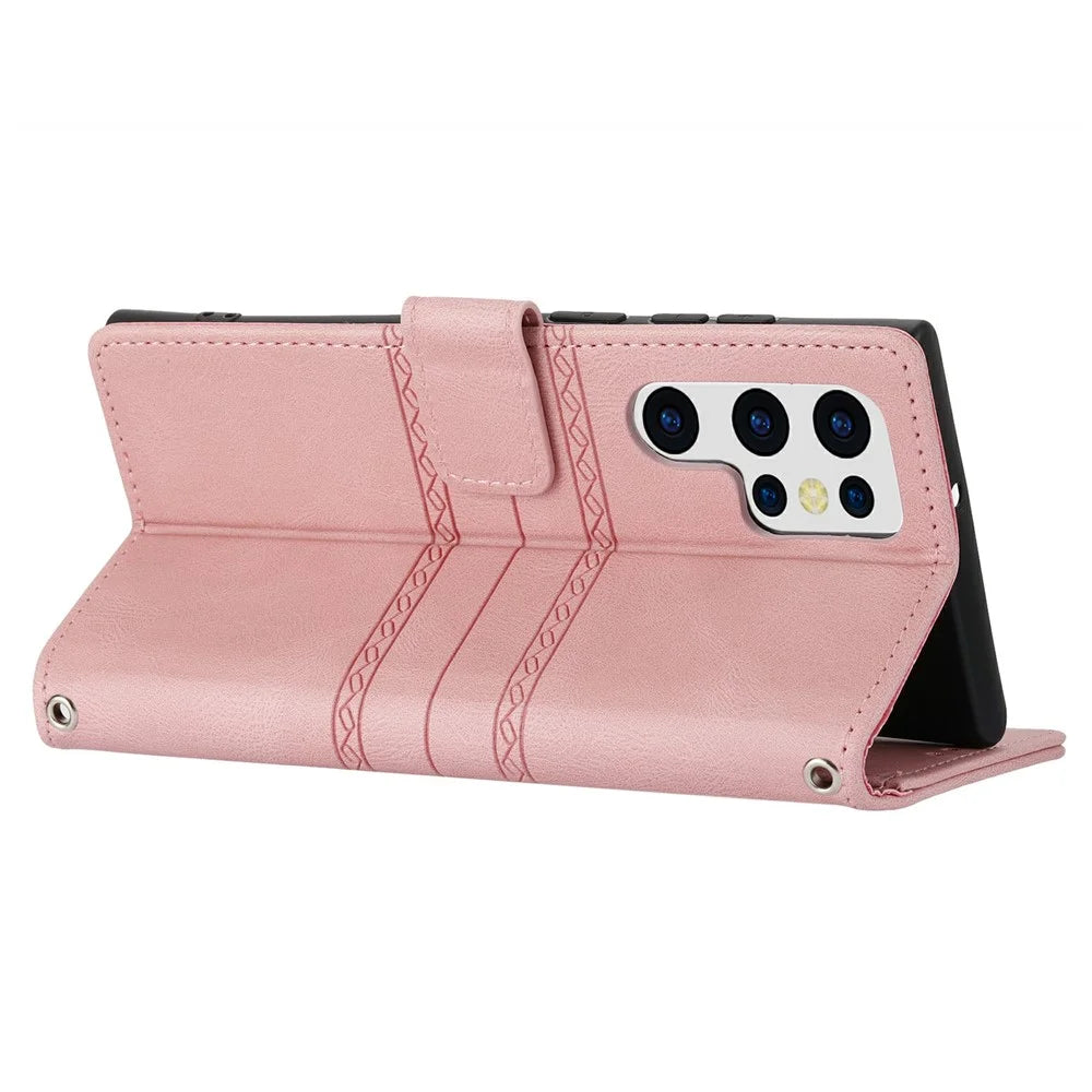 For Samsung Galaxy S25 Ultra Case Wallet Skin-Touch Leather Imprinted Phone Cover - Pink - 4