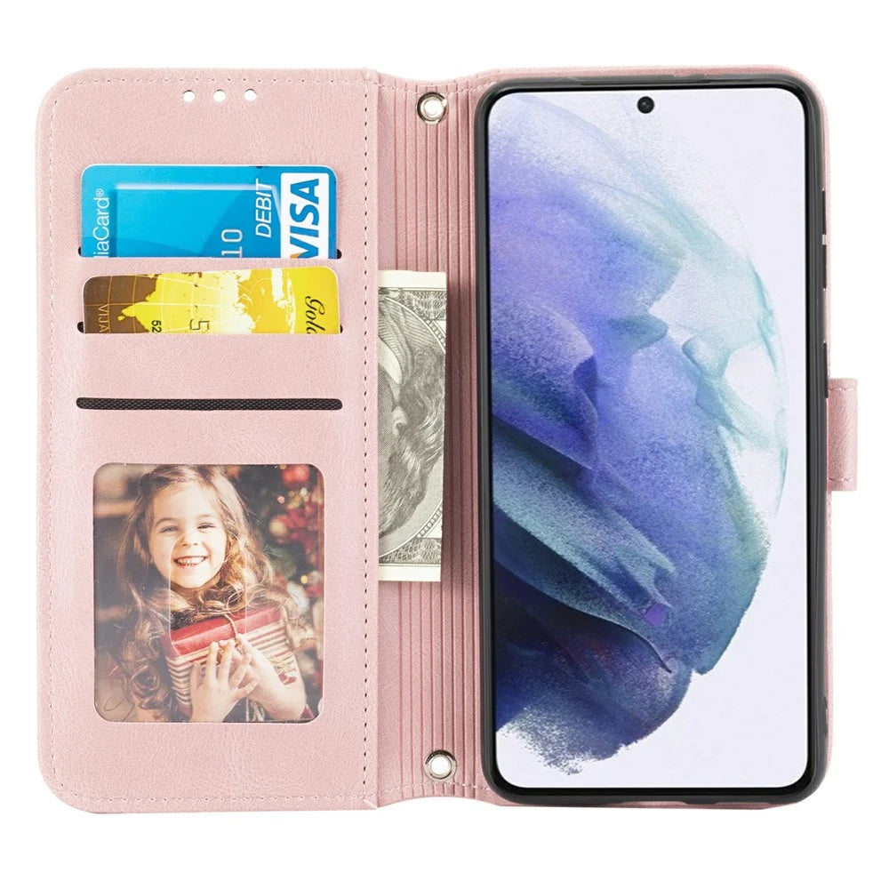 For Samsung Galaxy S25+ Case Wallet Skin-Touch Leather Imprinted Phone Cover - Pink - 4