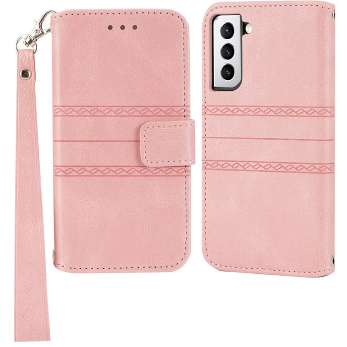 For Samsung Galaxy S25 Case Wallet Skin-Touch Leather Imprinted Phone Cover - Pink - 1