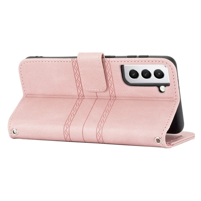 For Samsung Galaxy S25 Case Wallet Skin-Touch Leather Imprinted Phone Cover - Pink - 2