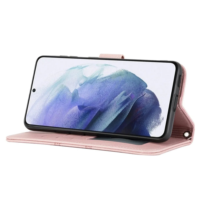 For Samsung Galaxy S25 Case Wallet Skin-Touch Leather Imprinted Phone Cover - Pink - 3