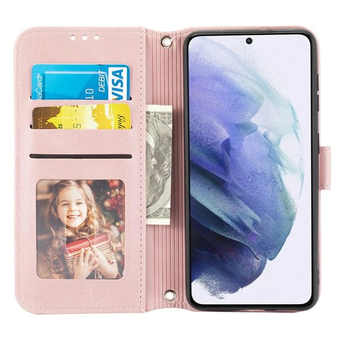 For Samsung Galaxy S25 Case Wallet Skin-Touch Leather Imprinted Phone Cover - Pink - 4