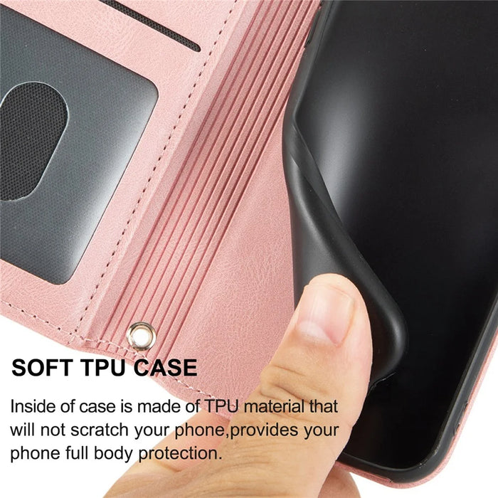 For Samsung Galaxy S25 Case Wallet Skin-Touch Leather Imprinted Phone Cover - Pink - 6
