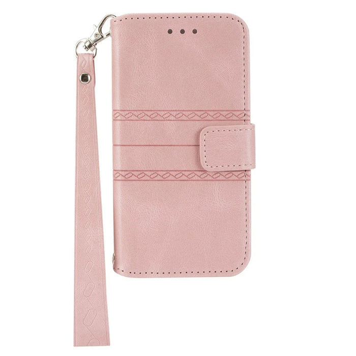 For Samsung Galaxy S25 Case Wallet Skin-Touch Leather Imprinted Phone Cover - Pink - 7
