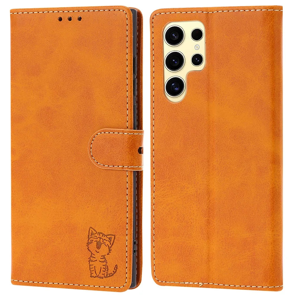 For Samsung Galaxy S25 Ultra Case Happy Cat Pattern Imprinted Leather Wallet Phone Cover - Yellow - 1