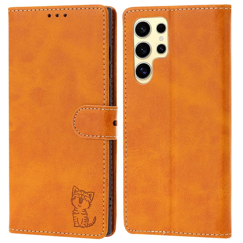 For Samsung Galaxy S25 Ultra Case Happy Cat Pattern Imprinted Leather Wallet Phone Cover - Yellow - 1