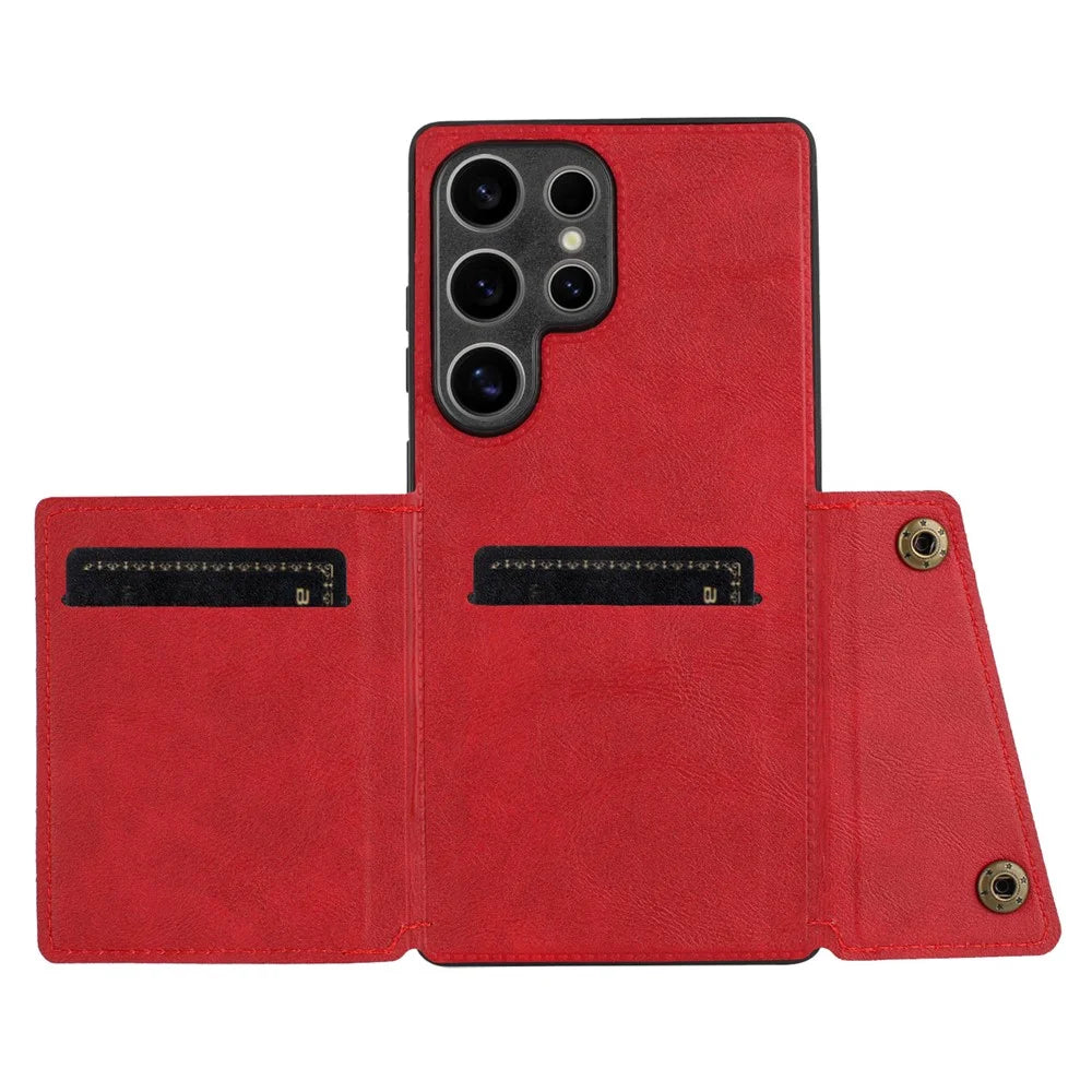 For Samsung Galaxy S25 Ultra Case Card Slots Kickstand Leather + TPU Phone Cover - Red - 2
