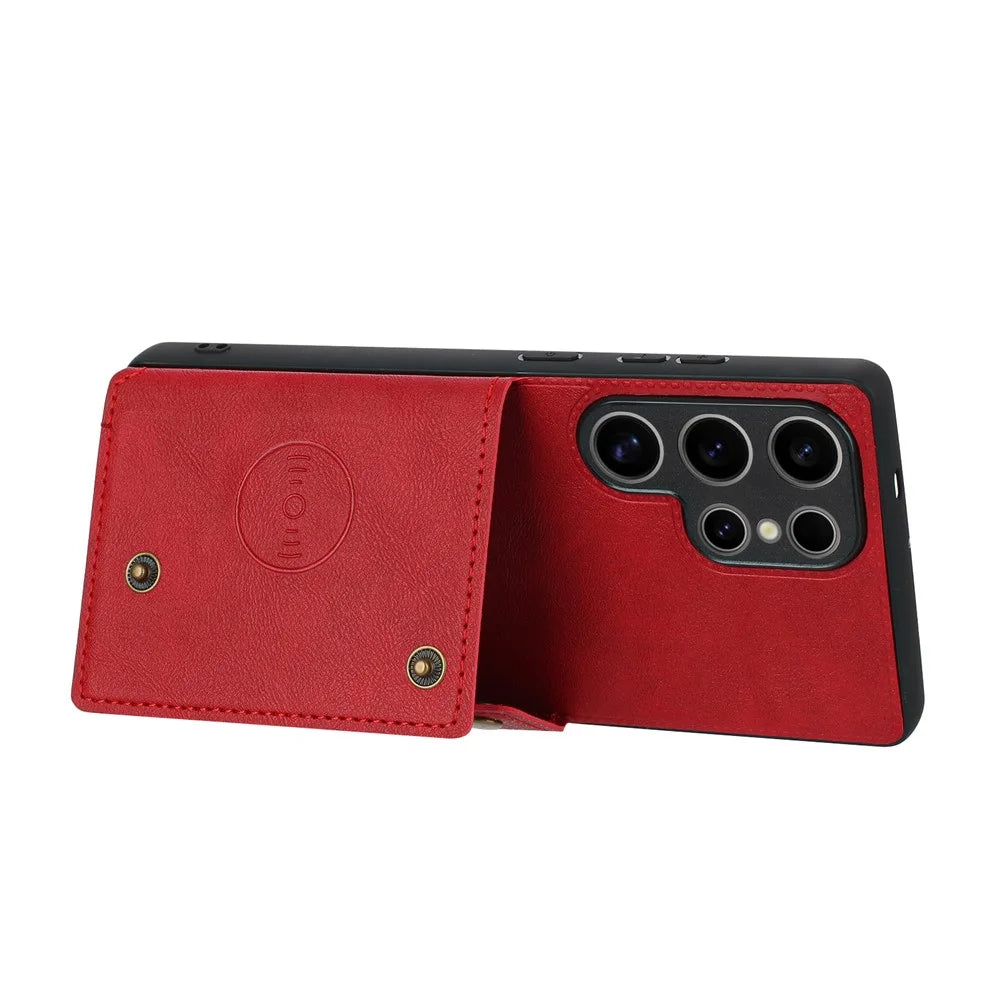 For Samsung Galaxy S25 Ultra Case Card Slots Kickstand Leather + TPU Phone Cover - Red - 3