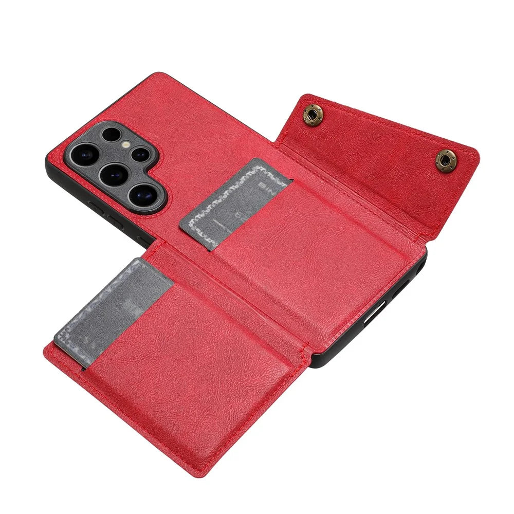 For Samsung Galaxy S25 Ultra Case Card Slots Kickstand Leather + TPU Phone Cover - Red - 4