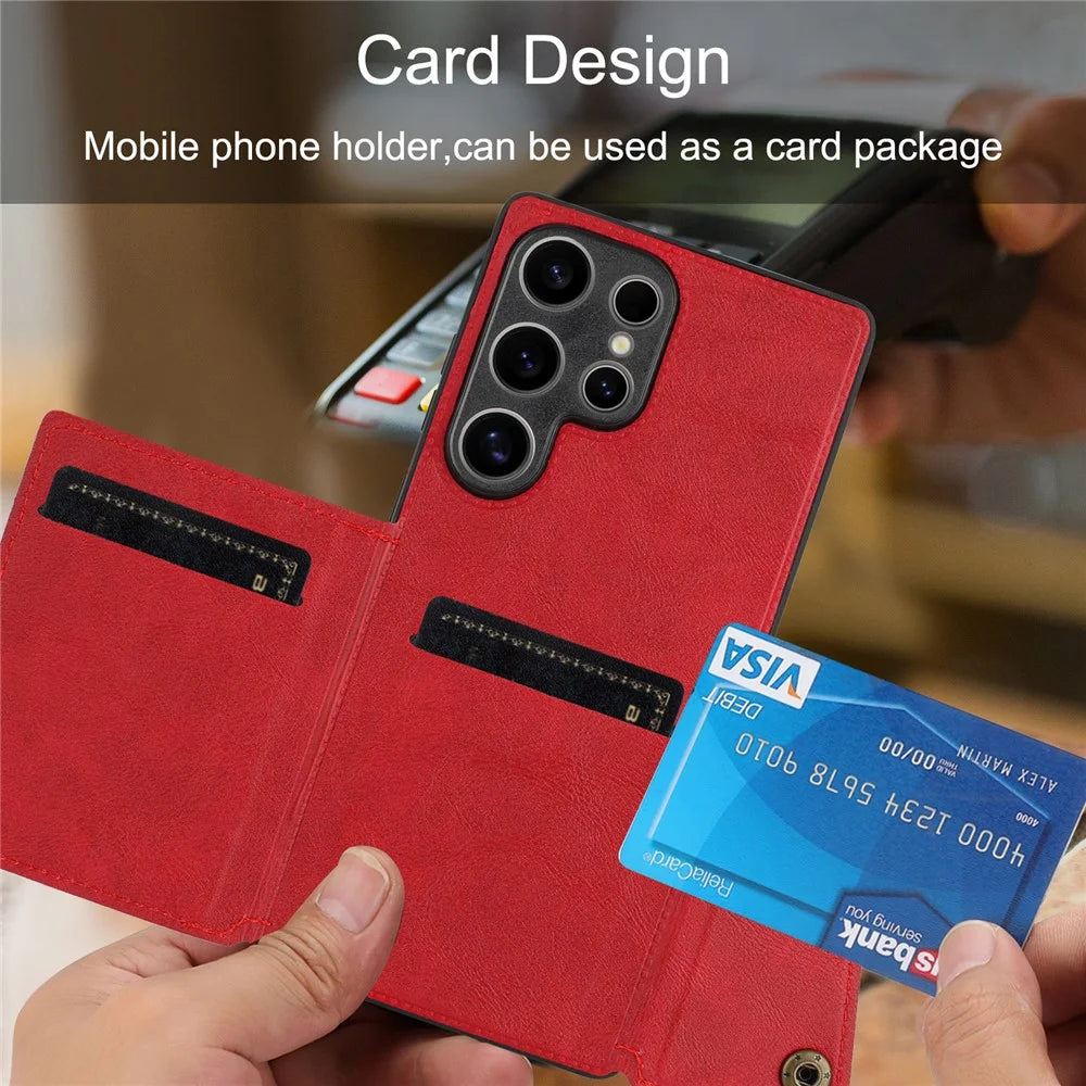 For Samsung Galaxy S25 Ultra Case Card Slots Kickstand Leather + TPU Phone Cover - Red - 6