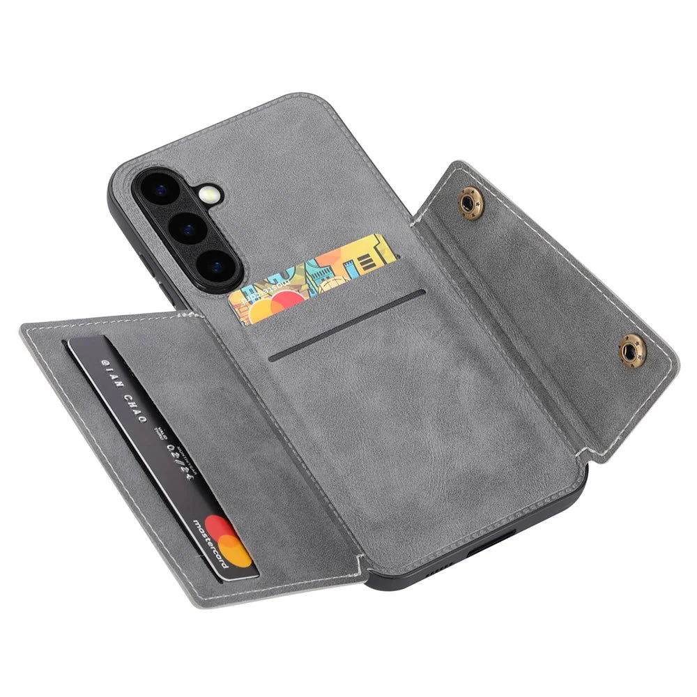 For Samsung Galaxy S25+ Case Card Slots Kickstand Leather + TPU Phone Cover - Grey - 2