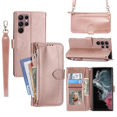 For Samsung Galaxy S25 Ultra Case Zipper Pocket Leather Phone Cover with Crossbody Shoulder Strap - Rose Gold - 1